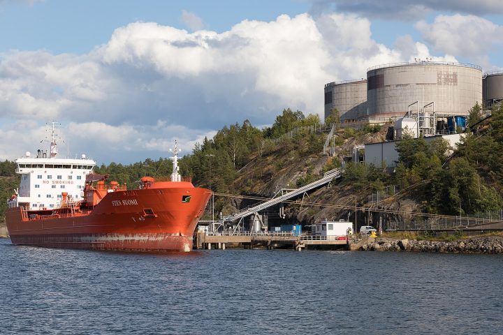 Product tanker discharging at a storage depot